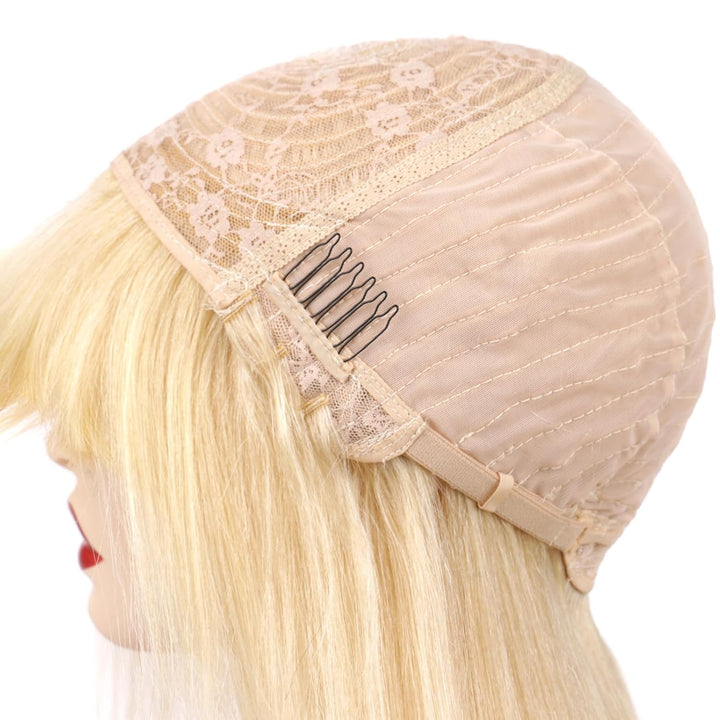 Huarisi 14 inches Blonde Straight Wigs with Bangs, 613 Human Hair Wigs Bob None Lace, 10a Bob Wigs f