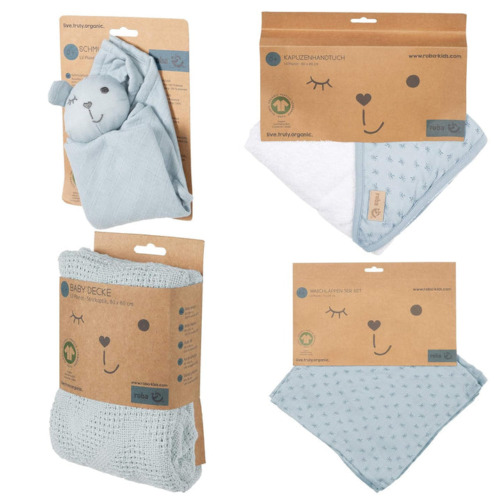 roba Geschenk Baby Pflege - Set zur Geburt - Handtuch, Waschlappen, Schmusetuch & Decke - Bio Baumwo