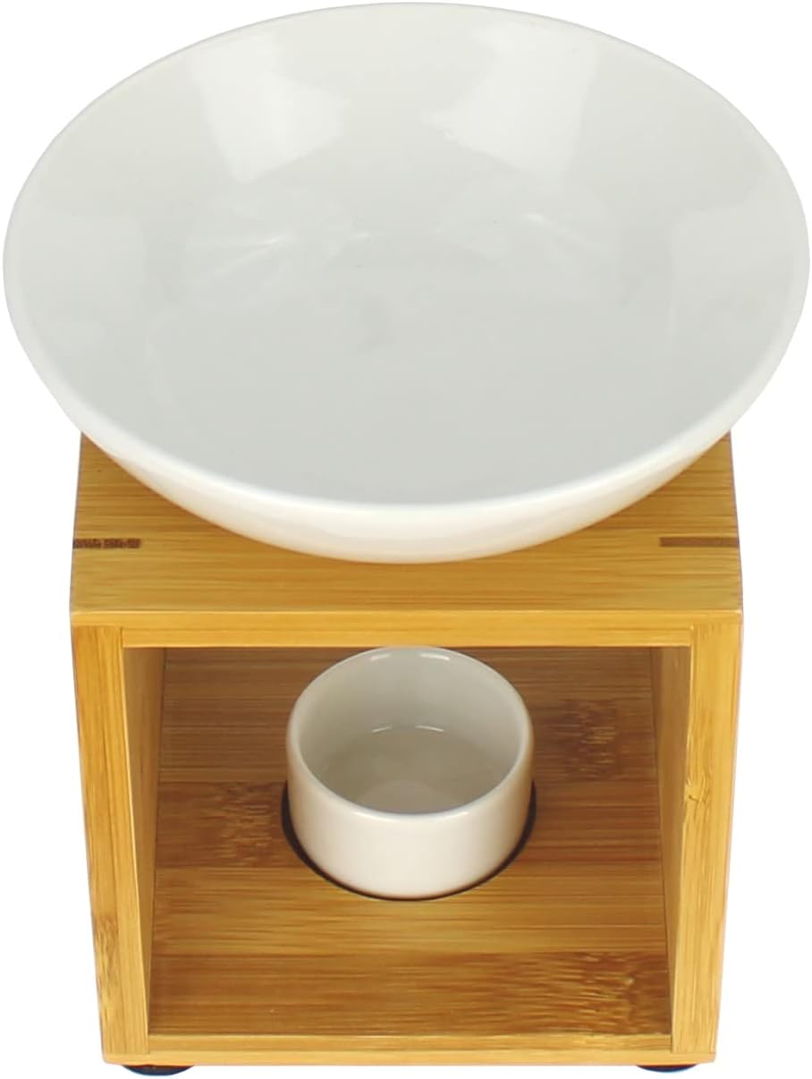 Bitto Duftlampe Malmö Weiss mit Kerze, grosse Schale, Fair Trade, Aromalampe aus Bambusholz und Kera