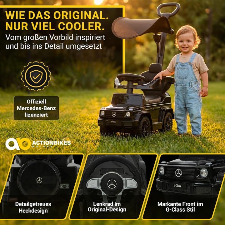 Actionbikes Motors Lauflernwagen Mercedes G350d | Rutschauto mit Schiebestange Schutzbügel Sonnendac