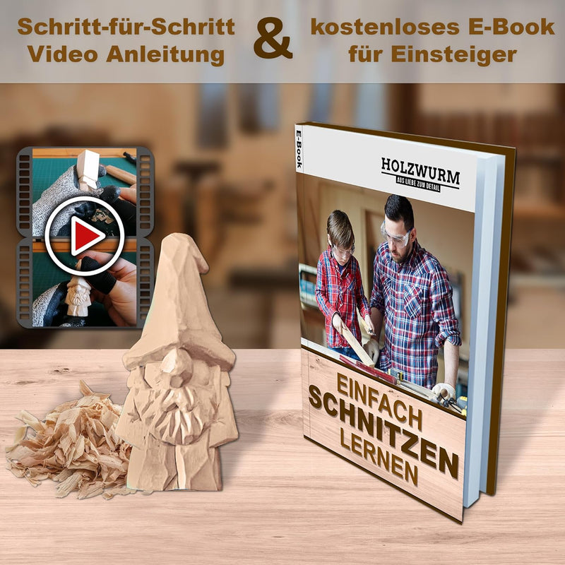 HOLZWURM Holz-Schnitzwerkzeug Set 12-tlg, inkl. Tasche, Anleitung & Abziehstein, ideales Schnitzmess