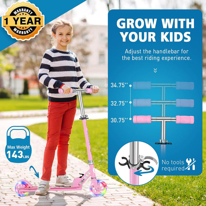BELEEV Roller Kinder 2 Räder, Klappbar Kinderroller für Mädchen Jungen, Tretroller mit LED Leuchtend