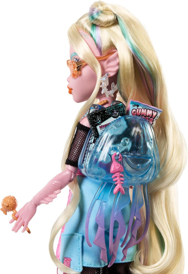 Monster High Lagoona Blue Puppe in Mesh-T-Shirt und Cargohose mit Haustierfisch Neptuna und Accessoi
