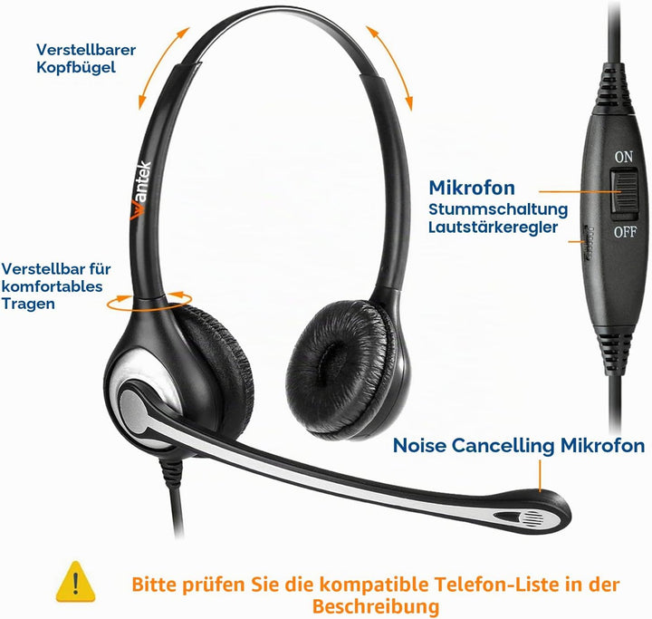 Wantek Telefon Headset Binaural mit Noise Cancelling Mikrofon, Call Center Kopfhörer für Gigaset Pan