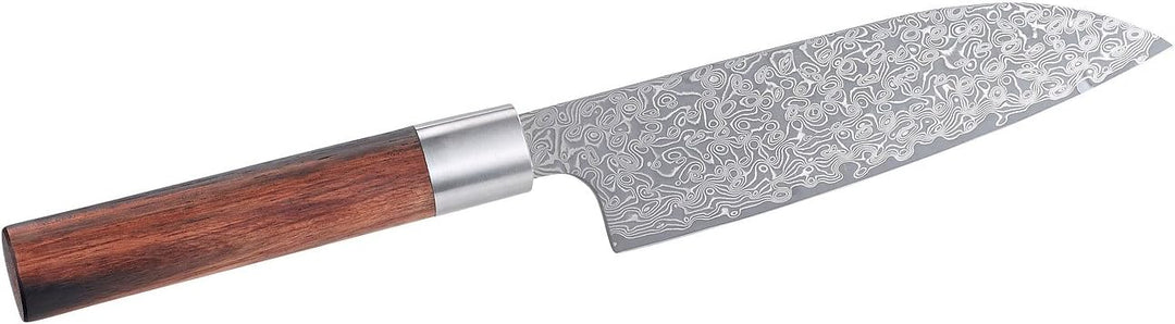 TokioKitchenWare Damastmesser: Handgefertigtes Marken-Damast-Santokumesser mit 16-cm-Klinge (Santoku