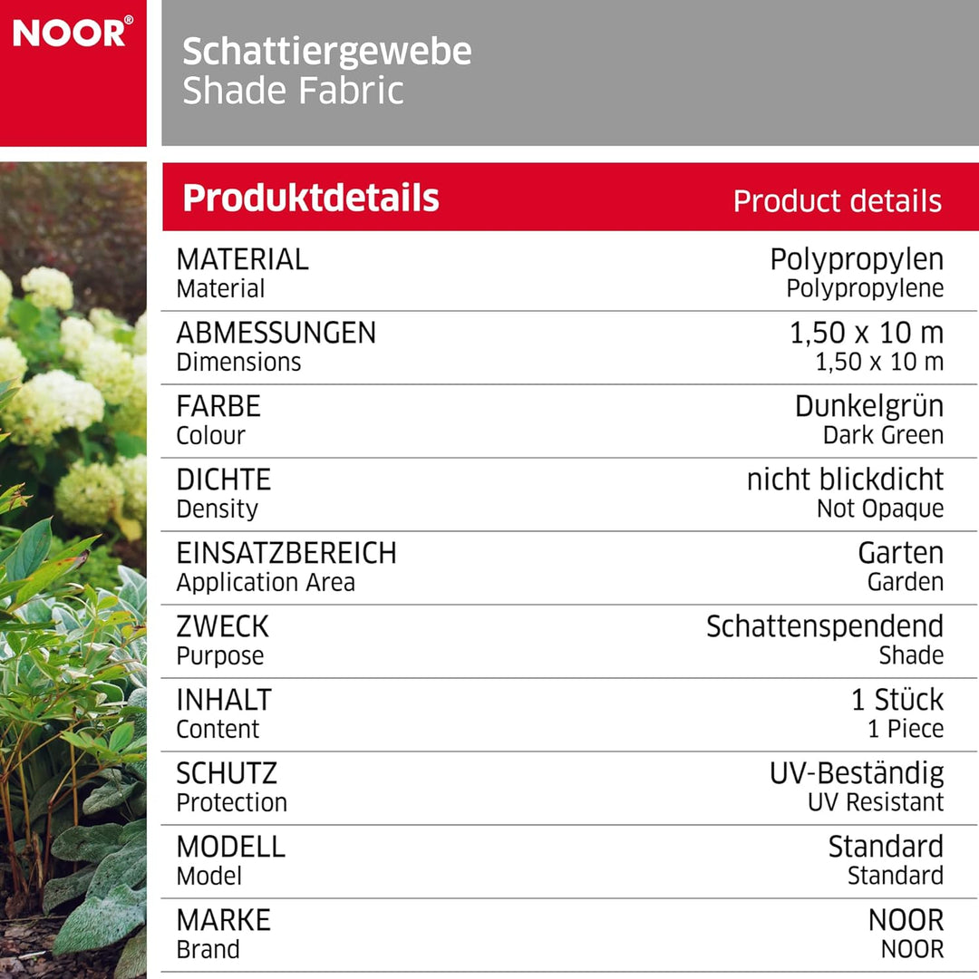 NOOR Schattiergewebe 1,50 x 10m in dunkelgrün I Mehrzweck-Sichtschutz für Garten, Balkon, Gewerbe &