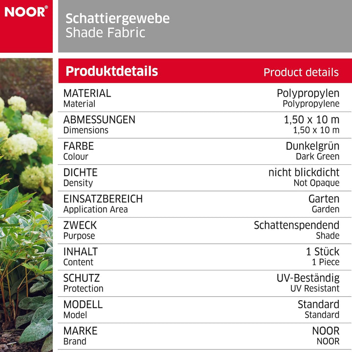 NOOR Schattiergewebe 1,50 x 10m in dunkelgrün I Mehrzweck-Sichtschutz für Garten, Balkon, Gewerbe &