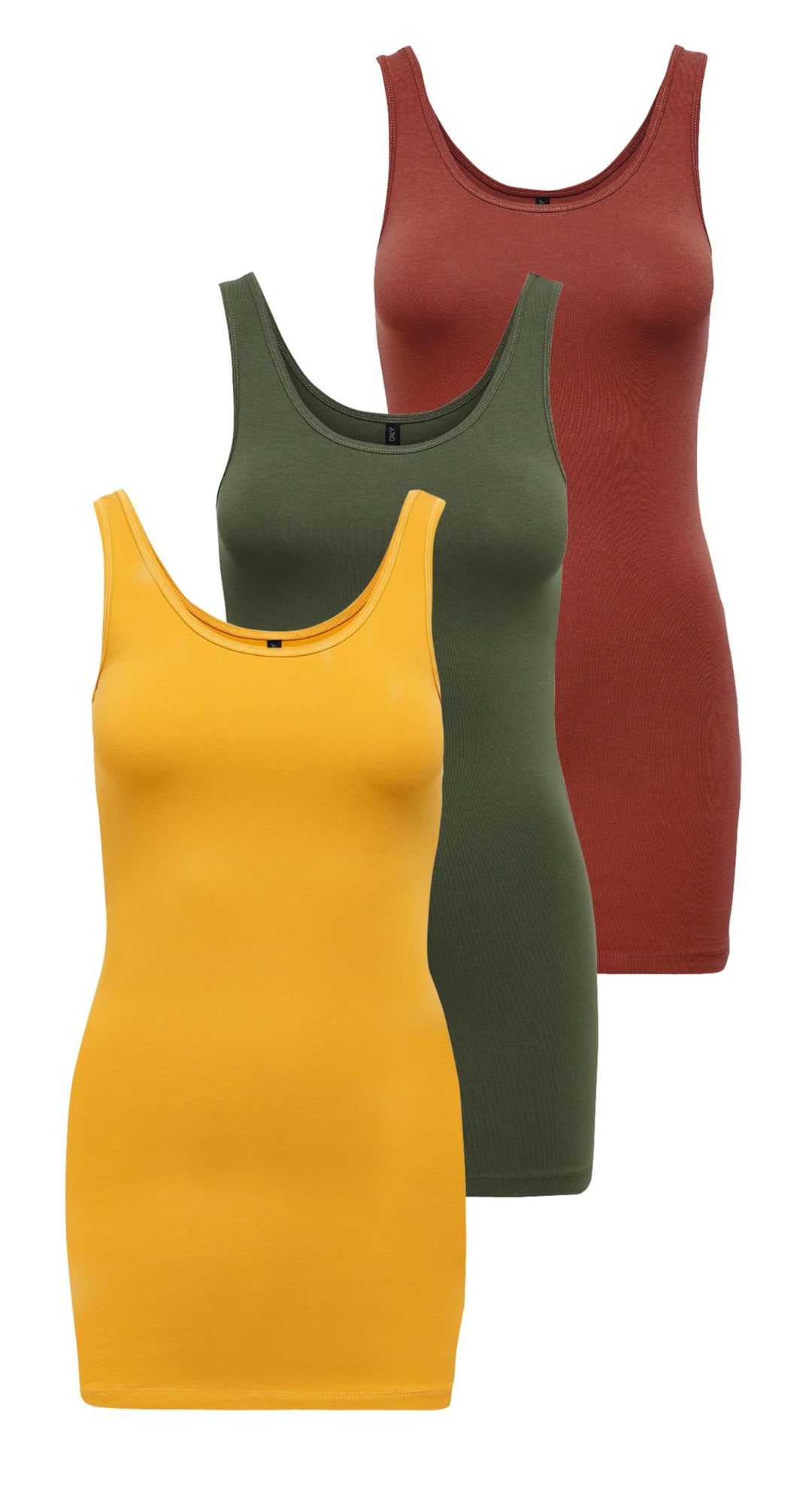 ONLY Damen Onllive Love Long Tank Noos Top XS Gelb/Grün/Rot (1x Golden Yellow, 1x Kalamata, 1x Burnt