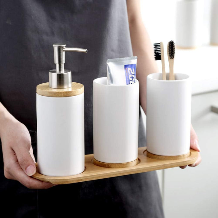 Badezimmer Accessoires Set Keramik, 4-teilig, Zahnbürstenhalter, Seifenspender, Bambus Fach, Zahnput