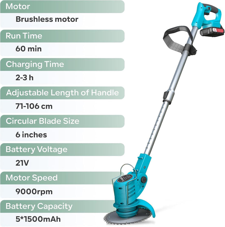 Rasentrimmer mit Akku – Elektrischer Rasentrimmer, 2x1500mAh, 9000 U/min, Teleskopgriff 71–106cm, 4