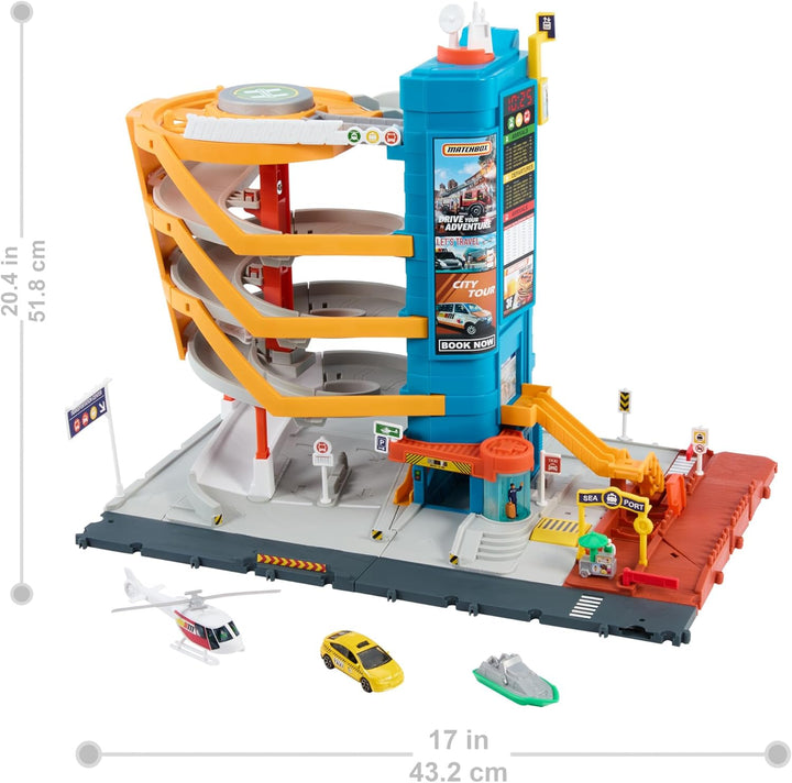 Matchbox Spielzeugautos und Spielset, Transport-Center mit 5 Etagen, von Kindern und Autos aktivierb