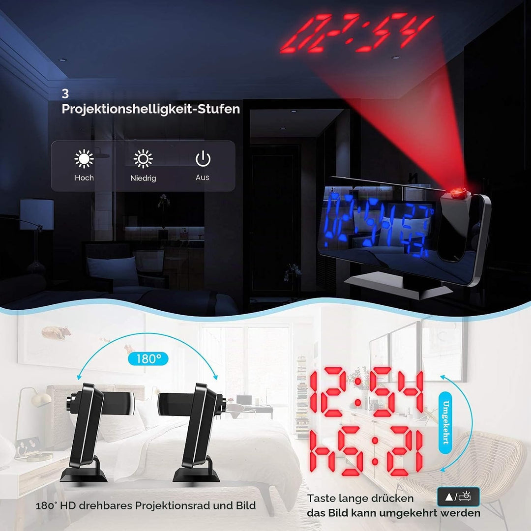 TAKRINK Wecker Digital Radiowecker mit 4 Stufen Bildschirmhelligkeit Projektionswecker mit Temperatu