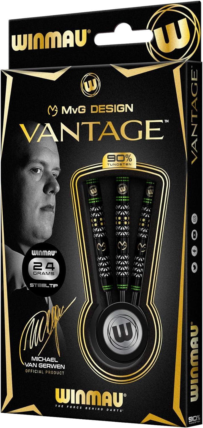 WINMAU Michael Van Gerwen MvG Vantage Tungsten Steeltip Darts Set 24 Gram with Prism Flights and Vec