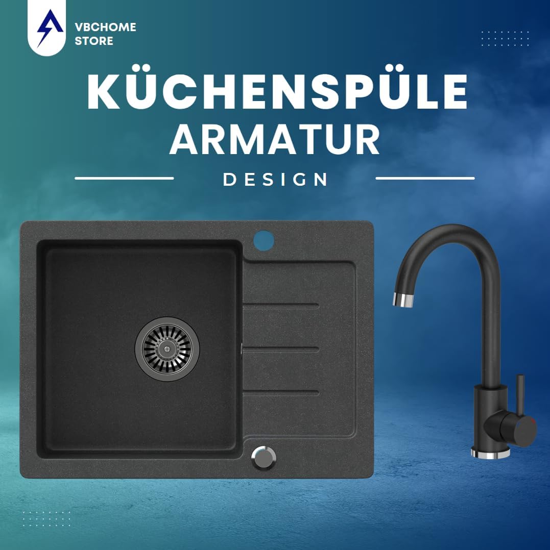 VBChome Spülbecken Schwarz mit Armatur 60 x 44 cm Granit Einzelbecken Einbauspüle gesprenkelt revers