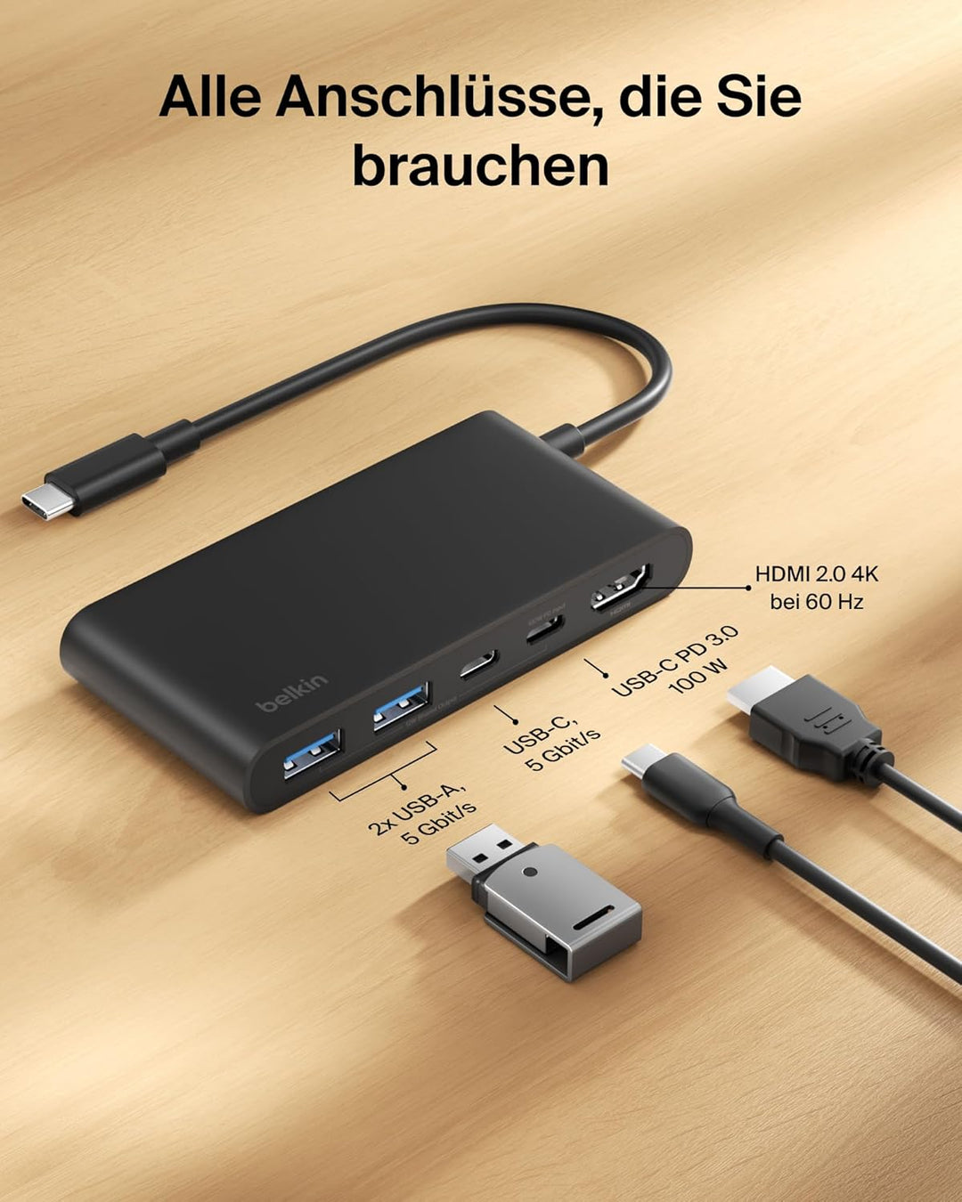 Belkin USB C Hub, 5-in-1 Docking Station, HDMI, 4K bei 60 Hz, 100 W Power Delivery, 5 Gbit/s Datentr