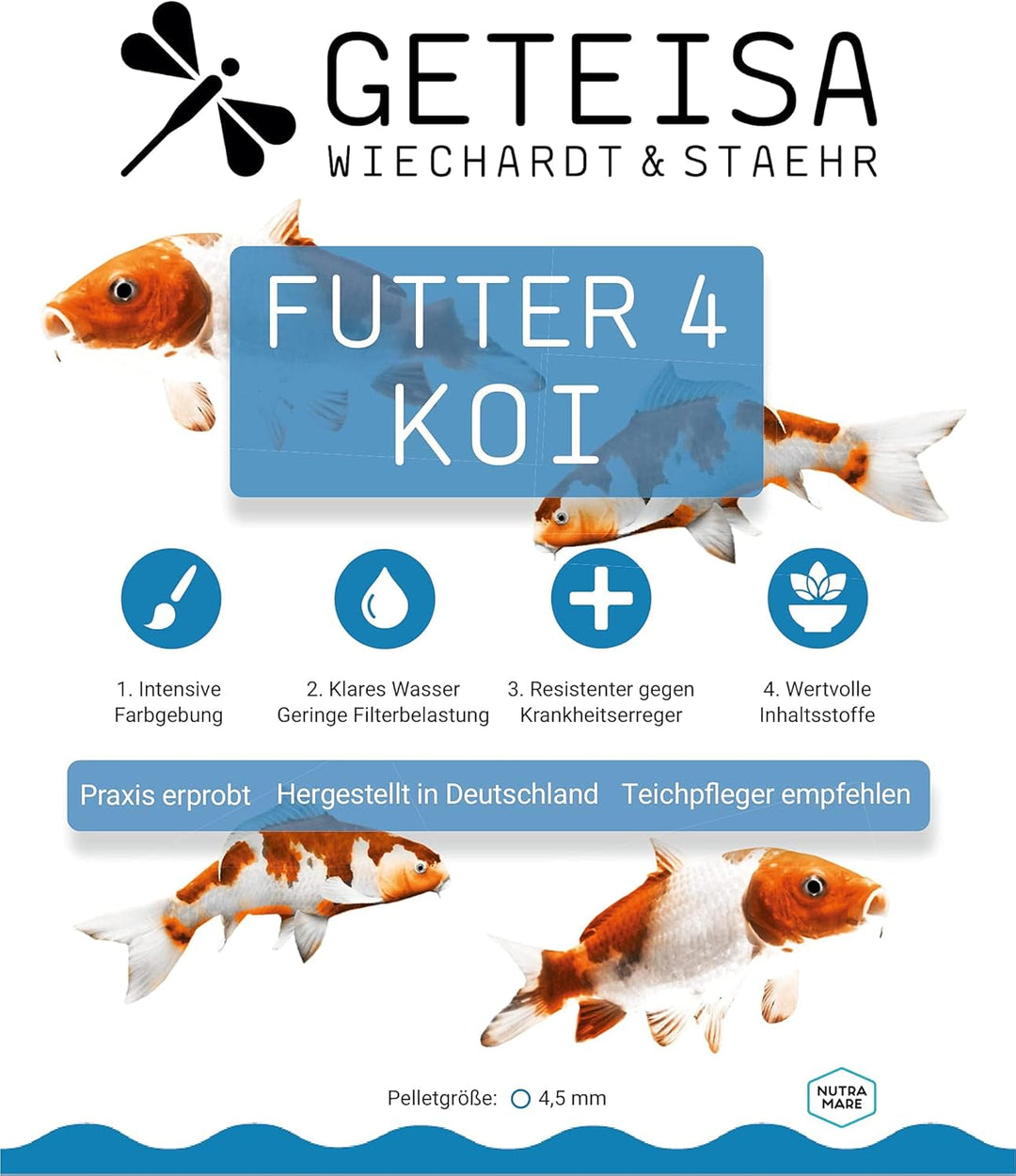 GETEISA Futter 4 Koi 1 kg - Hochwertiges Basis-Koi-Futter mit 4,5mm Pellets, Nährstoffreich, Fördert