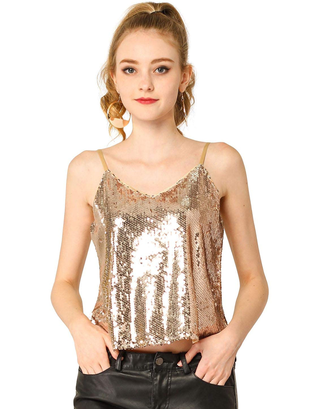 Allegra K Damen Pailletten Oberteil Glitzer Top Spaghetti Party Club Camisole Metallic Festival Shir