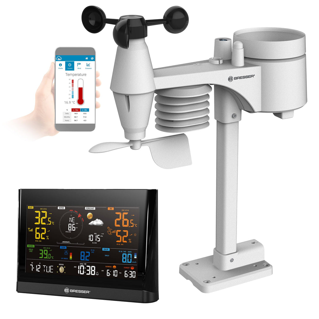 Bresser WLAN Wetterstation Profi-WSC mit 7-in-1-Sensor, Farbdisplay schwarz, Alarmfunktion, für Wett