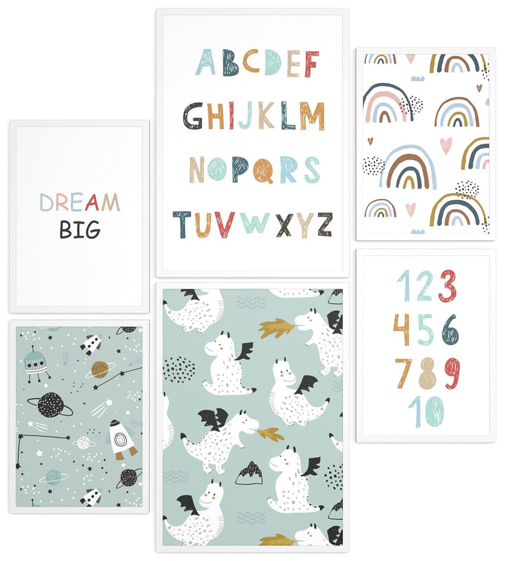Papierschmiede® Bilder Kinderzimmer Kids Mood Poster Set ABC Dragon Space, Gerahmte Bilder fürs Kind