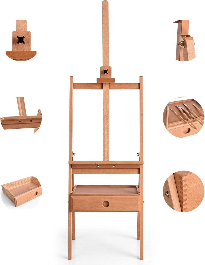 DREAMADE Staffelei Holz mit Schublade, 151-194cm höhenverstellbare Präsentationsstaffelei Holzstaffe