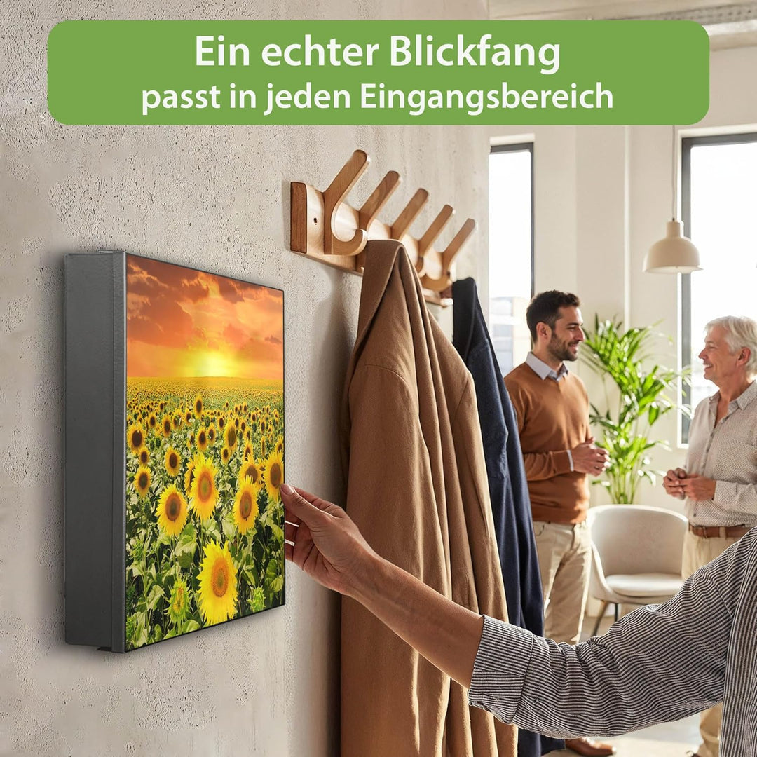 banjado® Grosser Schlüsselkasten Glas/Schlüsselbox 30cm x 30cm mit 50 Haken - Motiv Sonnenblumenmeer