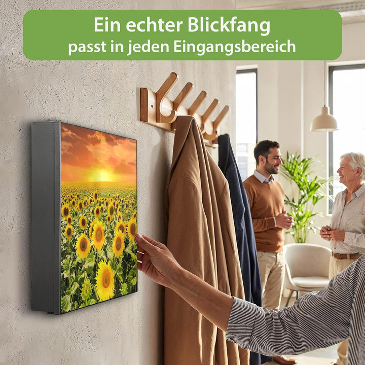 banjado® Grosser Schlüsselkasten Glas/Schlüsselbox 30cm x 30cm mit 50 Haken - Motiv Sonnenblumenmeer