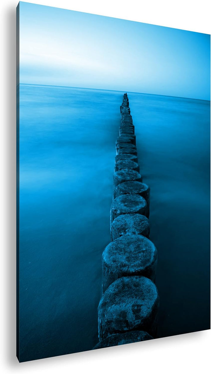 Buhnen an der Ostsee Format 80x60 Effekt: Monocrome Blau als Leinwandbild, Motiv fertig gerahmt auf