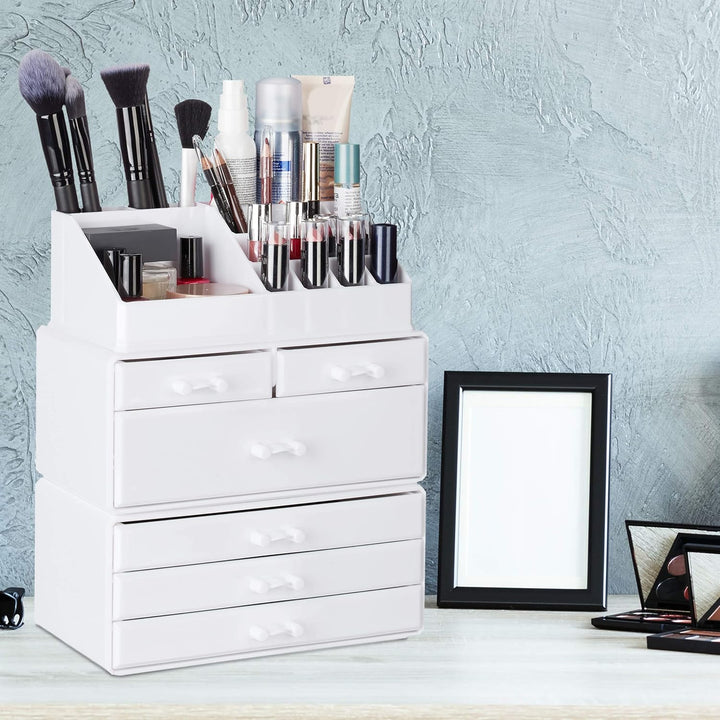 Relaxdays, weiss Kosmetikorganizer mit 6 Schubladen, 22 Fächer Make Up Organizer, Grosse Schmink-Auf