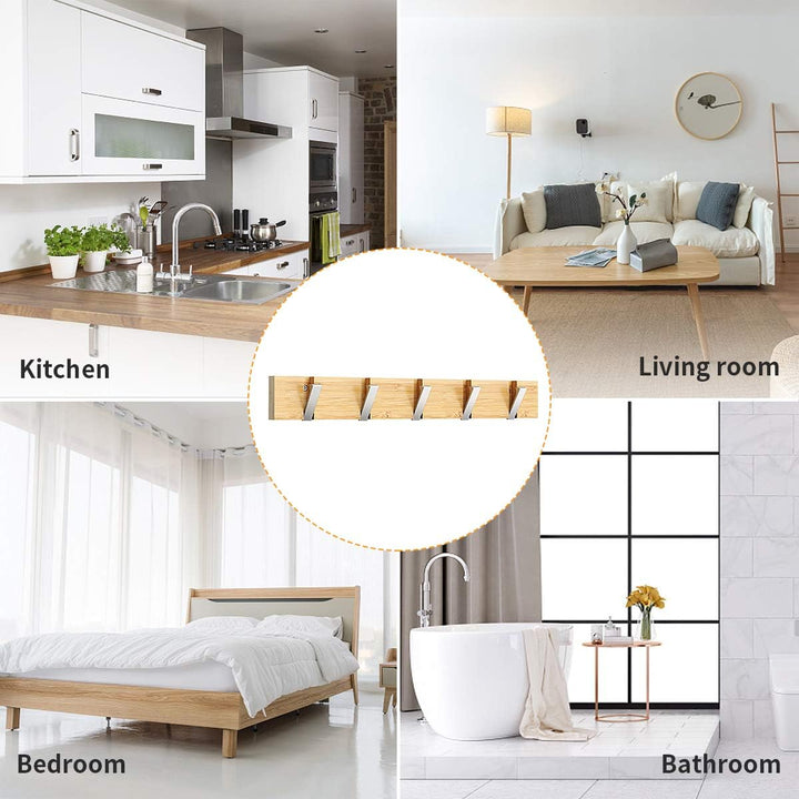 Anjuer Garderobenständer, Wandmontage, Kleiderständer, 5 Haken, einziehbar, robust, Huthalter, Bambu