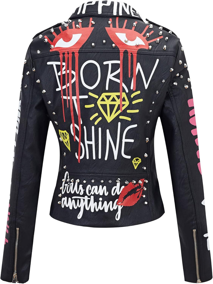 Giolshon Damen Kunstleder Jacke Nieten Floral Moto Biker Kurzer Revers Mantel 3XL Schwarz, 3XL Schwa
