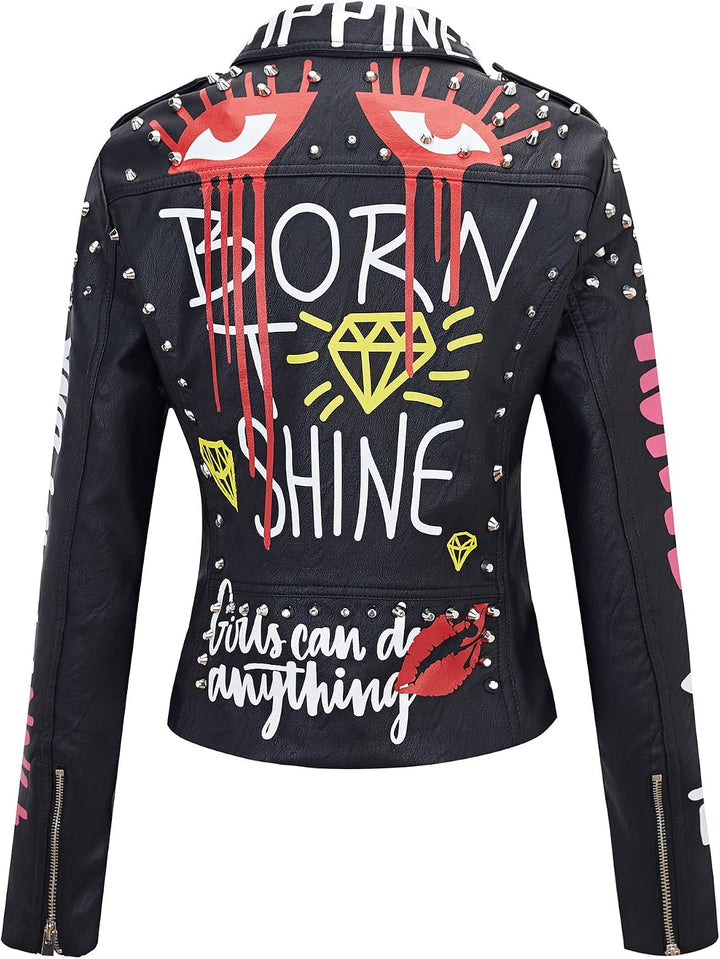 Giolshon Damen Kunstleder Jacke Nieten Floral Moto Biker Kurzer Revers Mantel, S Schwarz