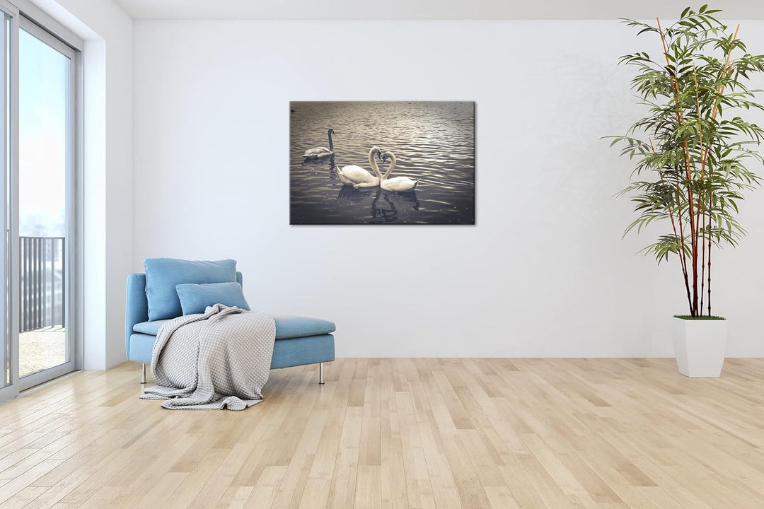 deyoli liebende Schwäne formen ein Herz Format: 100x70 als Leinwand, Motiv fertig gerahmt auf Echtho