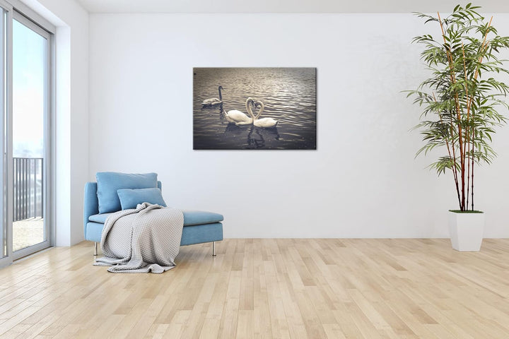 deyoli liebende Schwäne formen ein Herz Format: 100x70 als Leinwand, Motiv fertig gerahmt auf Echtho