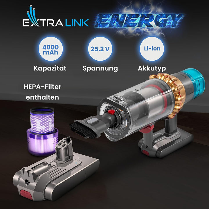 Extralink Akku kompatibel mit Dyson V11 &amp; V15 im Set mit HEPA-Filter – 25,2V 4000mAh Ersatzakku, Lan