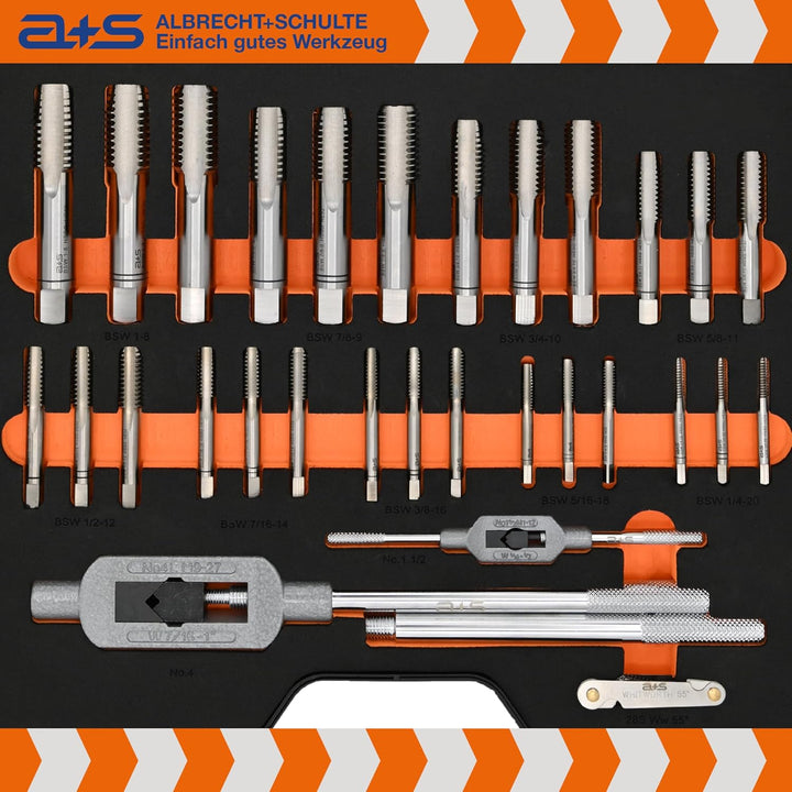a+s BSW Gewindeschneider Set | HSS-G, 1/4"-1'', 46-teilig | Zoll Gewindebohrer & Schneideisen | Komp