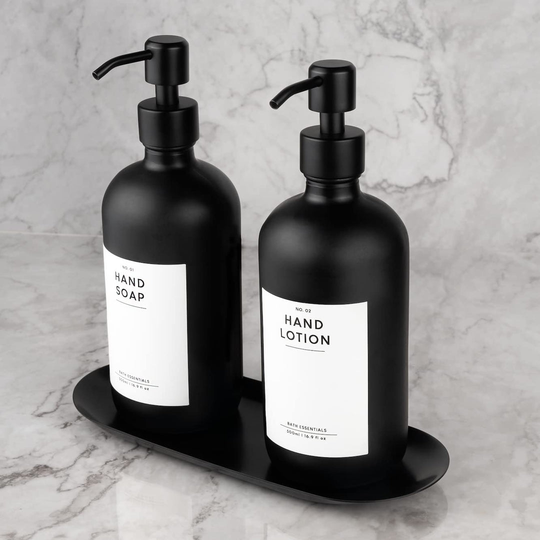 MONOKO 2er Set Seifenspender Schwarz Matt aus Glas mit Tablett | 500ml Spülmittelspender Küche | Fla