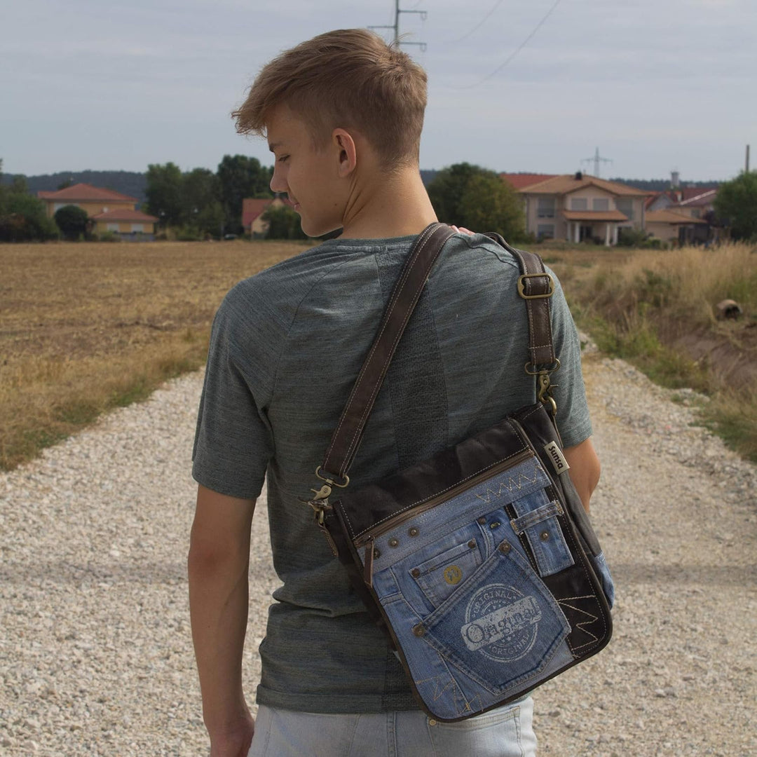 Sunsa nachhaltige Messenger Tasche. Umhängetasche aus recycelte Jeans & Canvas. Unisex Crossover Bag