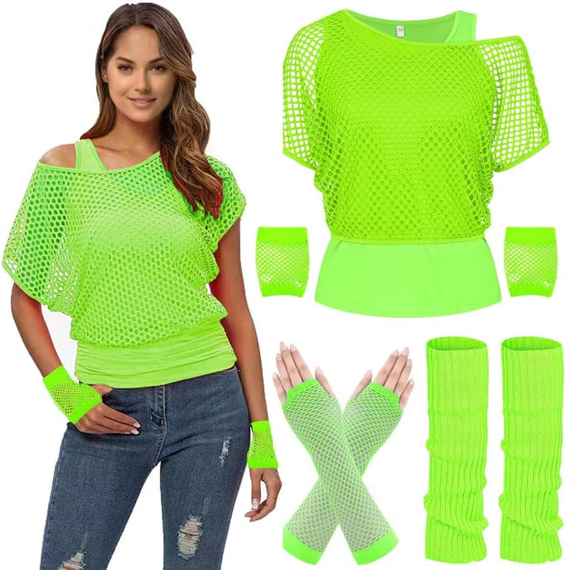 WILDPARTY 80er 90er Jahre Outfit Damen, Netzshirt, Tank top, Beinwärmer, Netzhandschuhe, Kostüm 80er