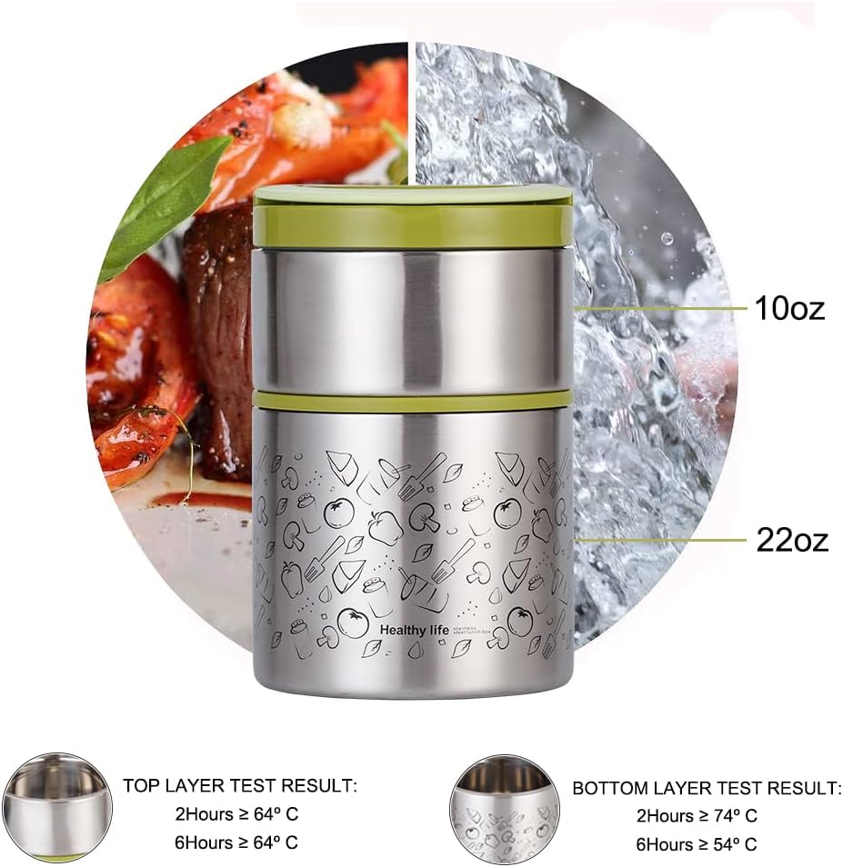 Lille Home Vakuum Isoliertes stapelbares Edelstahl Thermal Mittagessen/Snackbox, 2-stufige Bento/Leb