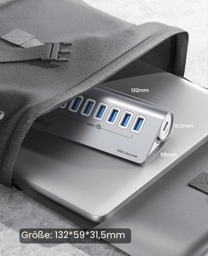USB C Hub, ORICO USB 3.2 Gen 2 Hub, USB Verteiler 7 Port mit 10Gbps High Speed Datenübertragung, Alu