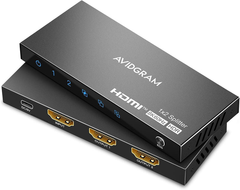 HDMI 2.1 Splitter 8K 60Hz, AVIDGRAM HDMI Splitter 1 in 2 Out mit Auto, Copy, Downscaler EDID Mode, 2