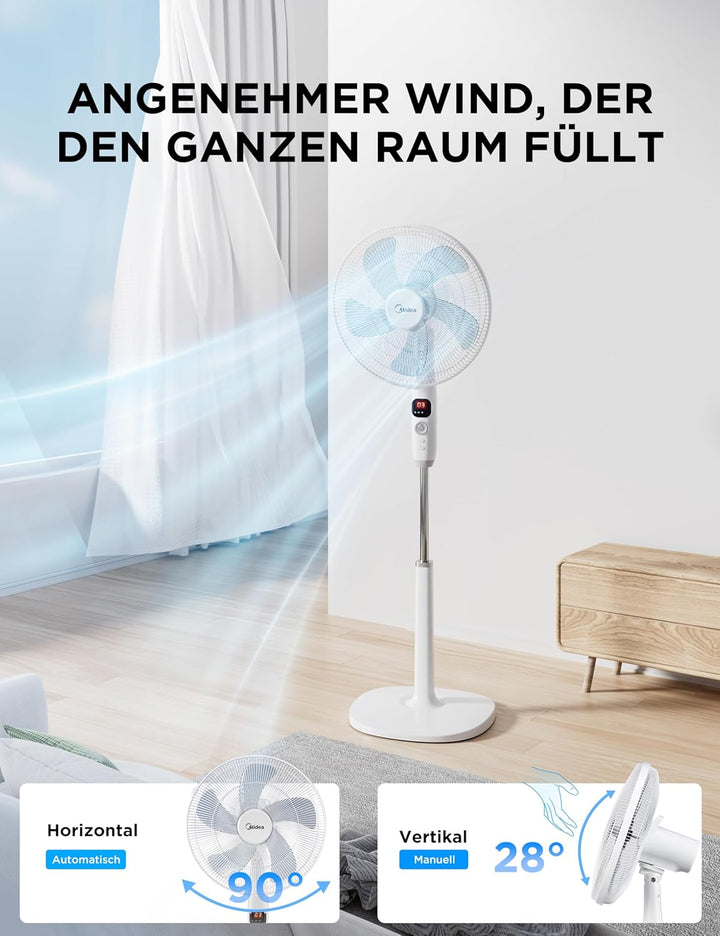 Midea FS40-16CR DC Motor Standventilator leise Extreme,mit Fernbedienung,12 Geschwindigkeiten,12H Ti