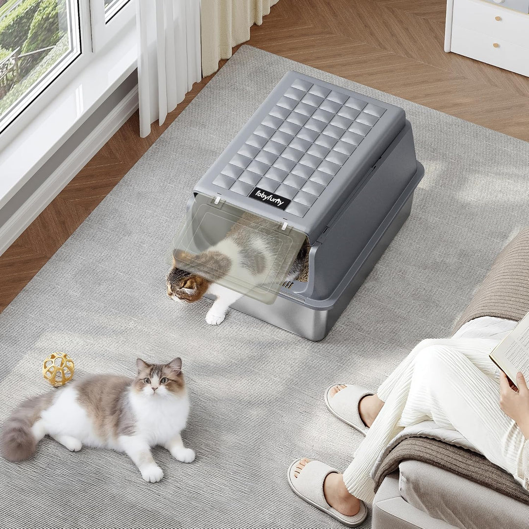 Edelstahl-Katzenklo mit Deckel, XXL Geschlossene Metall-Katzenklo, Katzentoiletten mit Schaufel und
