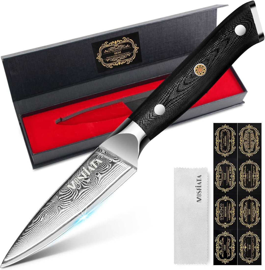 MOSFiATA 3,5 Zoll Damast Schälmesser Obstmesser Scharf Gemüsemesser, VG10 Damaszener Stahl, Geschenk