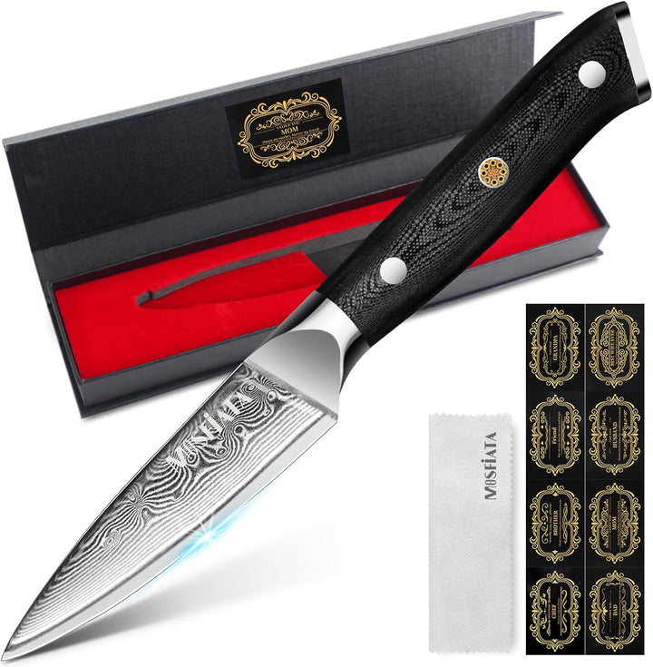 MOSFiATA 3,5 Zoll Damast Schälmesser Obstmesser Scharf Gemüsemesser, VG10 Damaszener Stahl, Geschenk