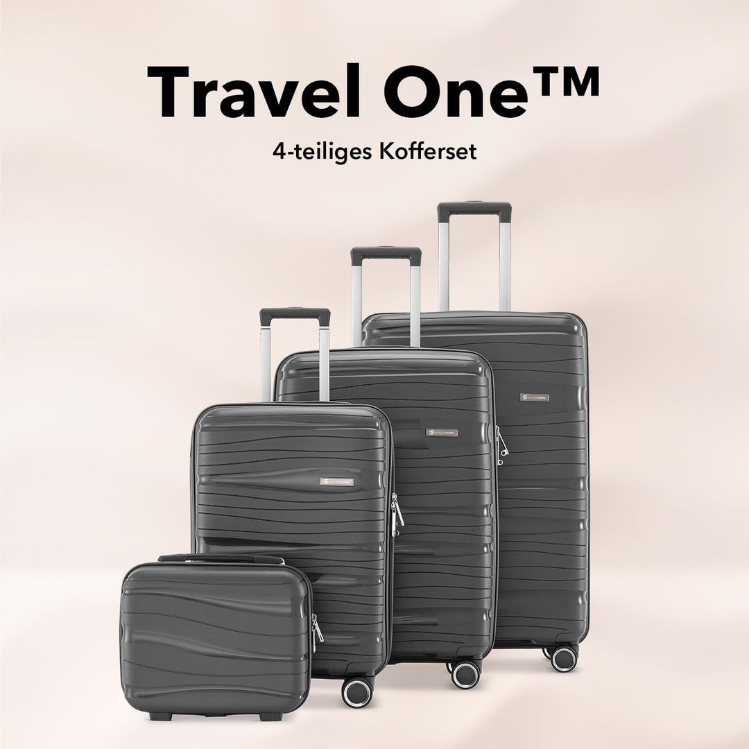 Travel One Kofferset 4-teilig – Anthrazit – Hartschalen Trolley-Set 32/60/98L, Zahlenschloss & 360°