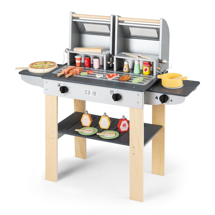 HOMASIS Kinder Grill Spielzeug aus Holz, BBQ Kindergrill-Spielset mit 2 Grillrosten, Verschlussdecke