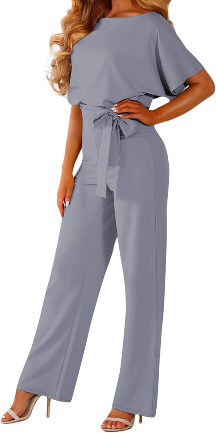 Damen Lang Jumpsuit Overall Hosenanzug Elegant Romper Kurzarm Rundhals Playsuit mit Gürtel Hosenanzu