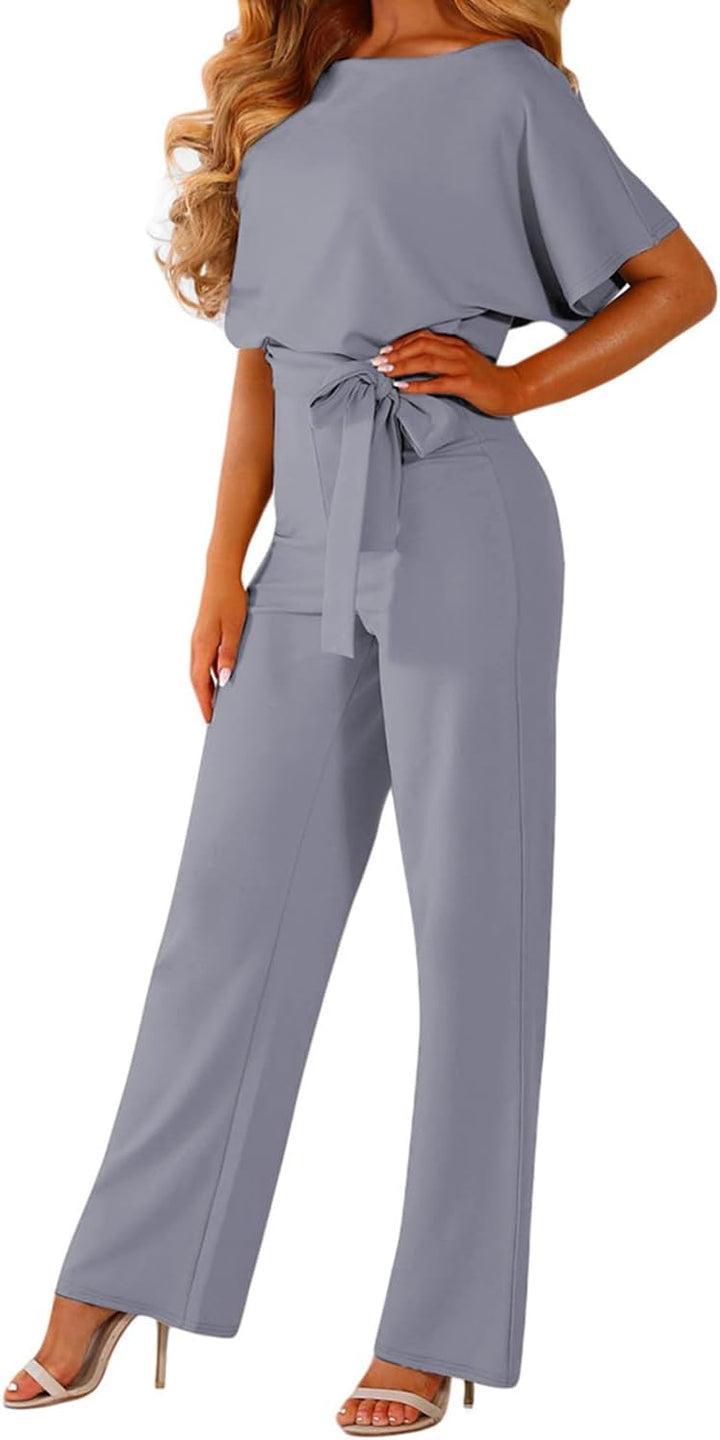 Damen Lang Jumpsuit Overall Hosenanzug Elegant Romper Kurzarm Rundhals Playsuit mit Gürtel Hosenanzu