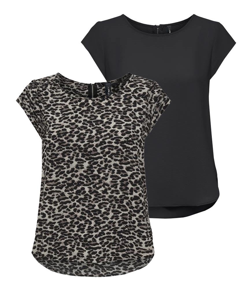 ONLY Damen Onlvic S/S Solid AOP Top Ptm T-Shirt, Blusenshirt, Kurzarm 34 2er Pack (Pack B: Black/Pum